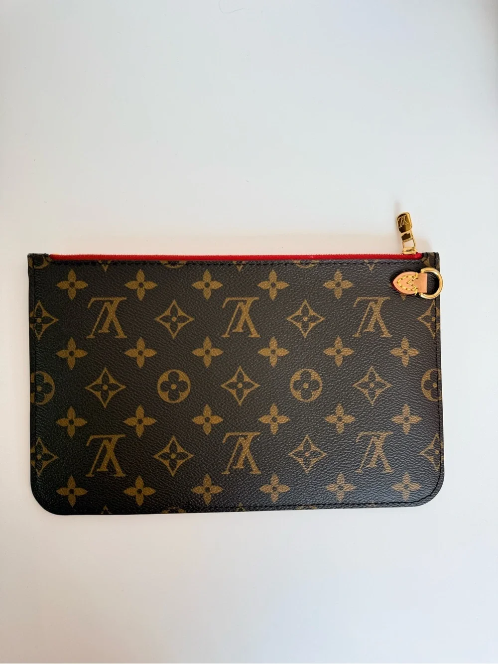 Louis Vuitton Monogram Neverfull Pouch in Brown with Red Trim and Red Interior